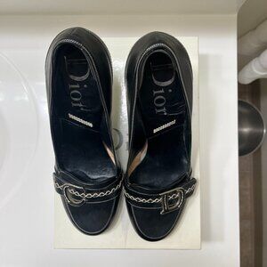 Vintage Dior Black Leather 4" Heels Pumps Silver Toned CD Logo Buckle EU 40